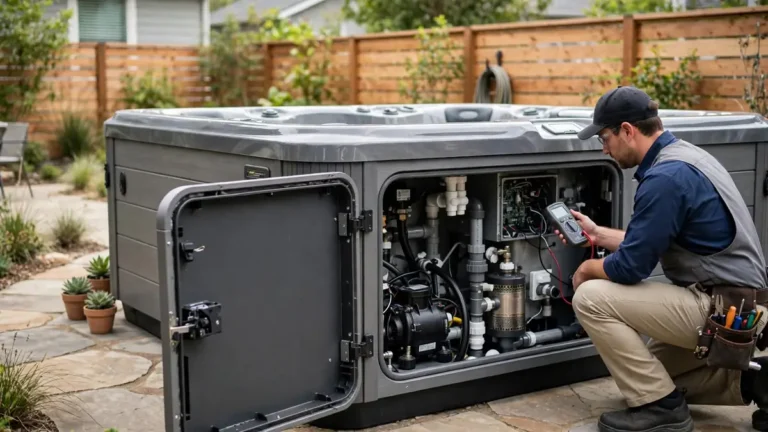 How Often Should a Hot Tub Be Serviced? Pro vs DIY 13 Hot tub service technician inspecting the open equipment compartment of a residential spa