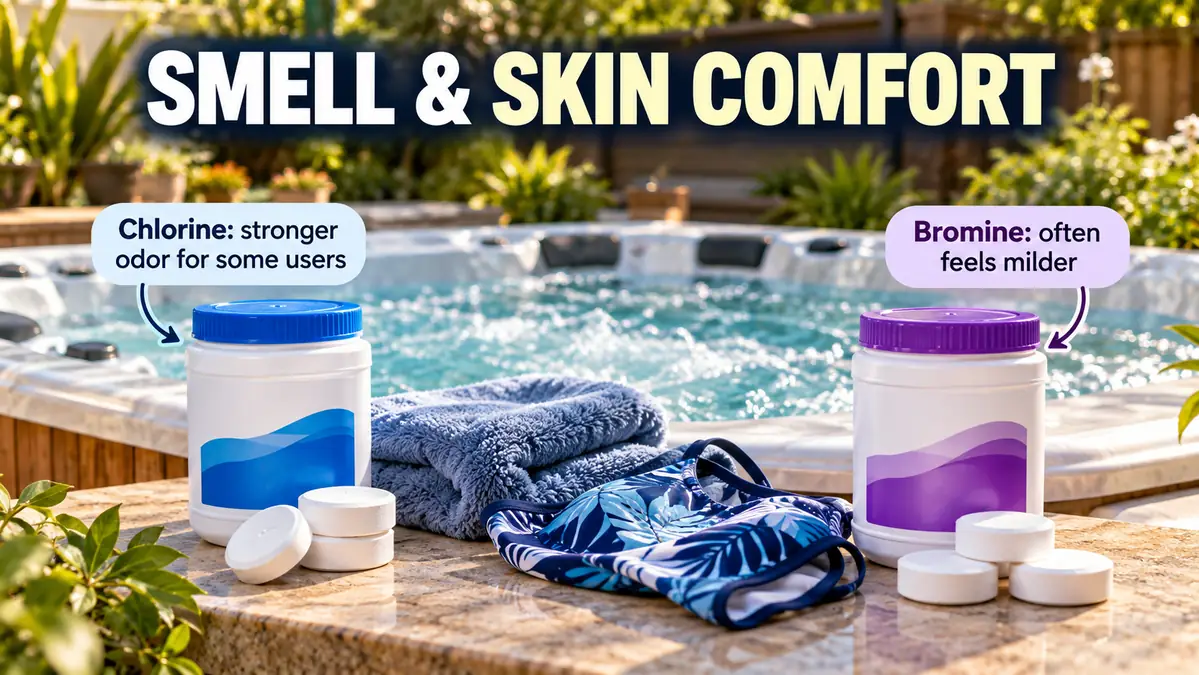 Chlorine and bromine spa products beside towel and swimwear for odor and skin comfort comparison