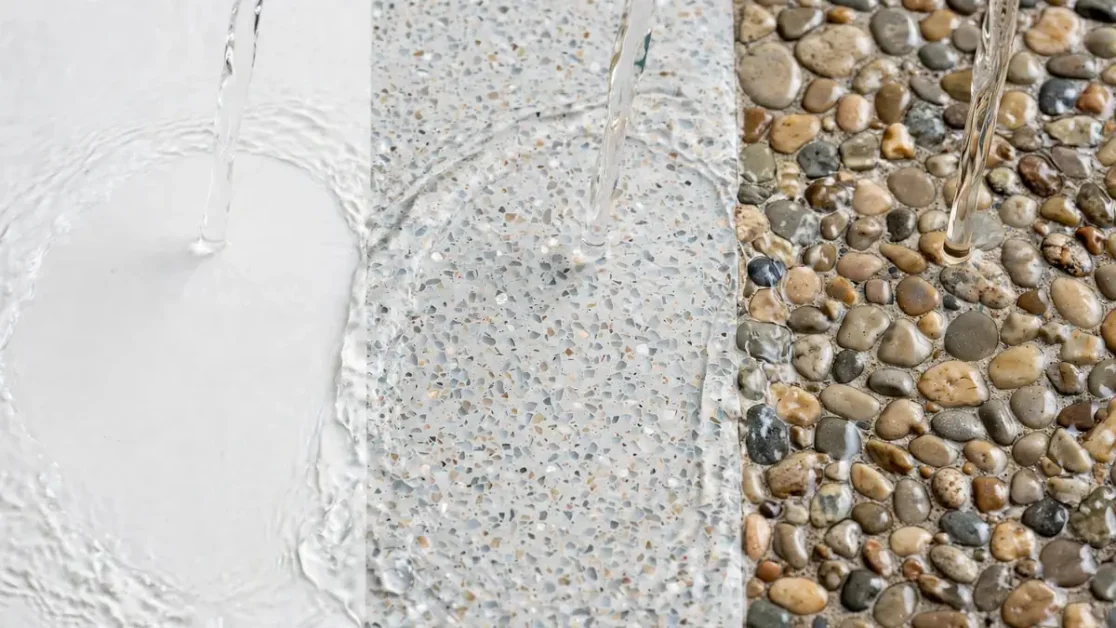 Pool Plaster vs Quartz vs Pebble: Which Finish Is Best? 3 Wet close-up comparison of smooth plaster, quartz aggregate, and exposed pebble pool finishes
