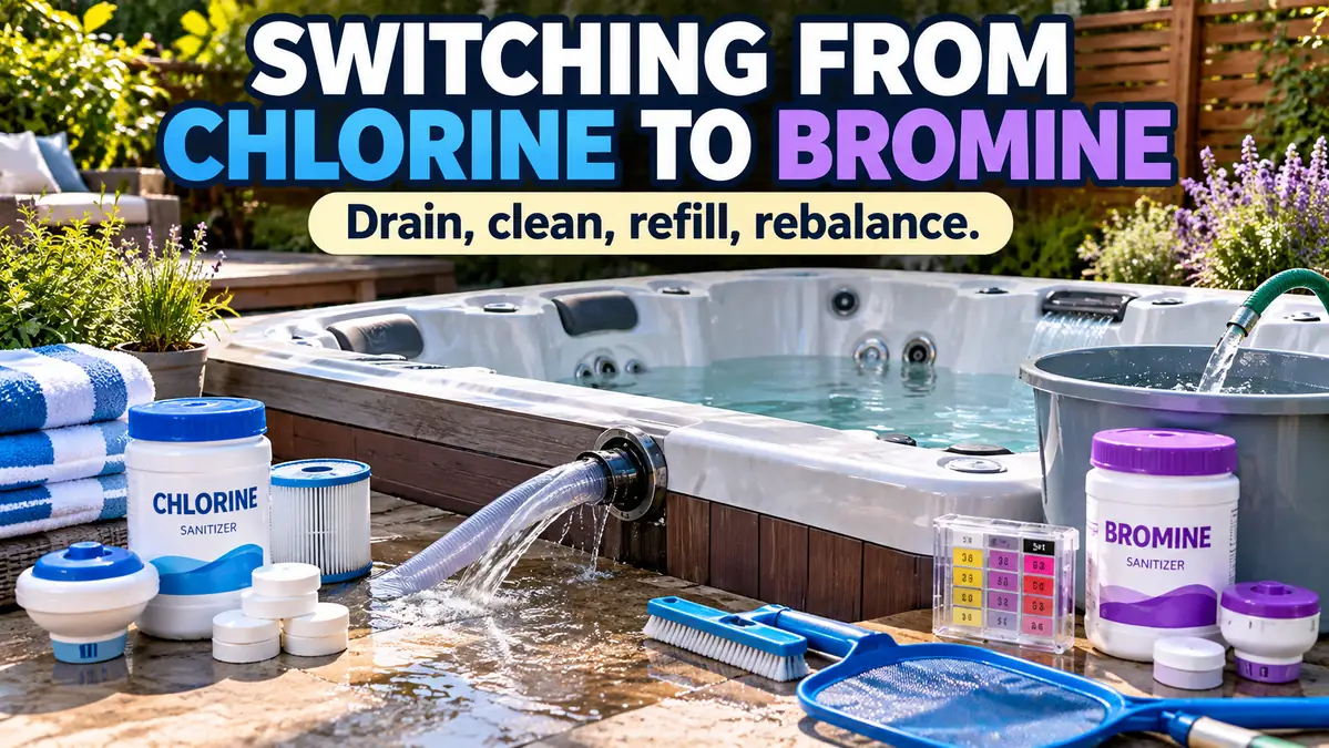 Hot tub being drained during a switch from chlorine to bromine sanitizer systems