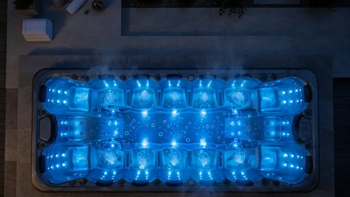 Overhead view of a hot tub with blue jet lighting at night