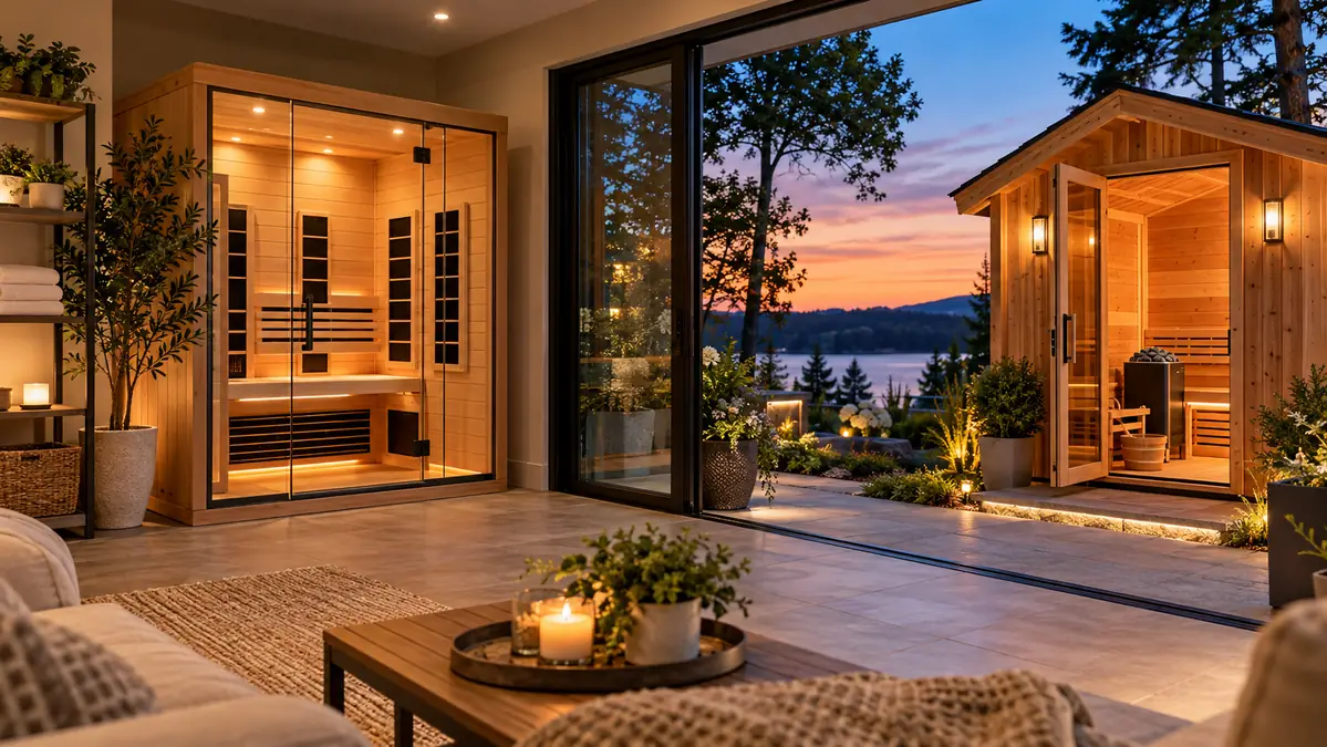 Home Sauna Buying Guide: How to Choose the Best Sauna for Your Space, Budget & Heat Style 1 A home sauna retreat at twilight.
